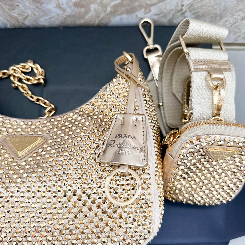 In Stores! Prada Crystal Embellished Metallic Re-Edition 2005 Gold Shoulder Bag - Picture 4 of 16